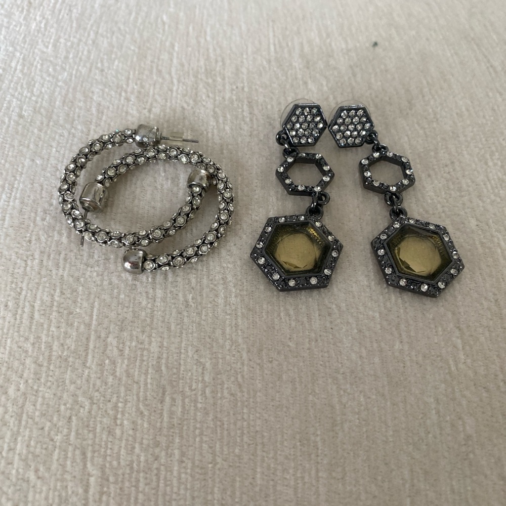 Sparkling Rhinestone Hoop + Hexagon Dangle Earrings Set | Silver Tone Statement - Picture 2 of 5